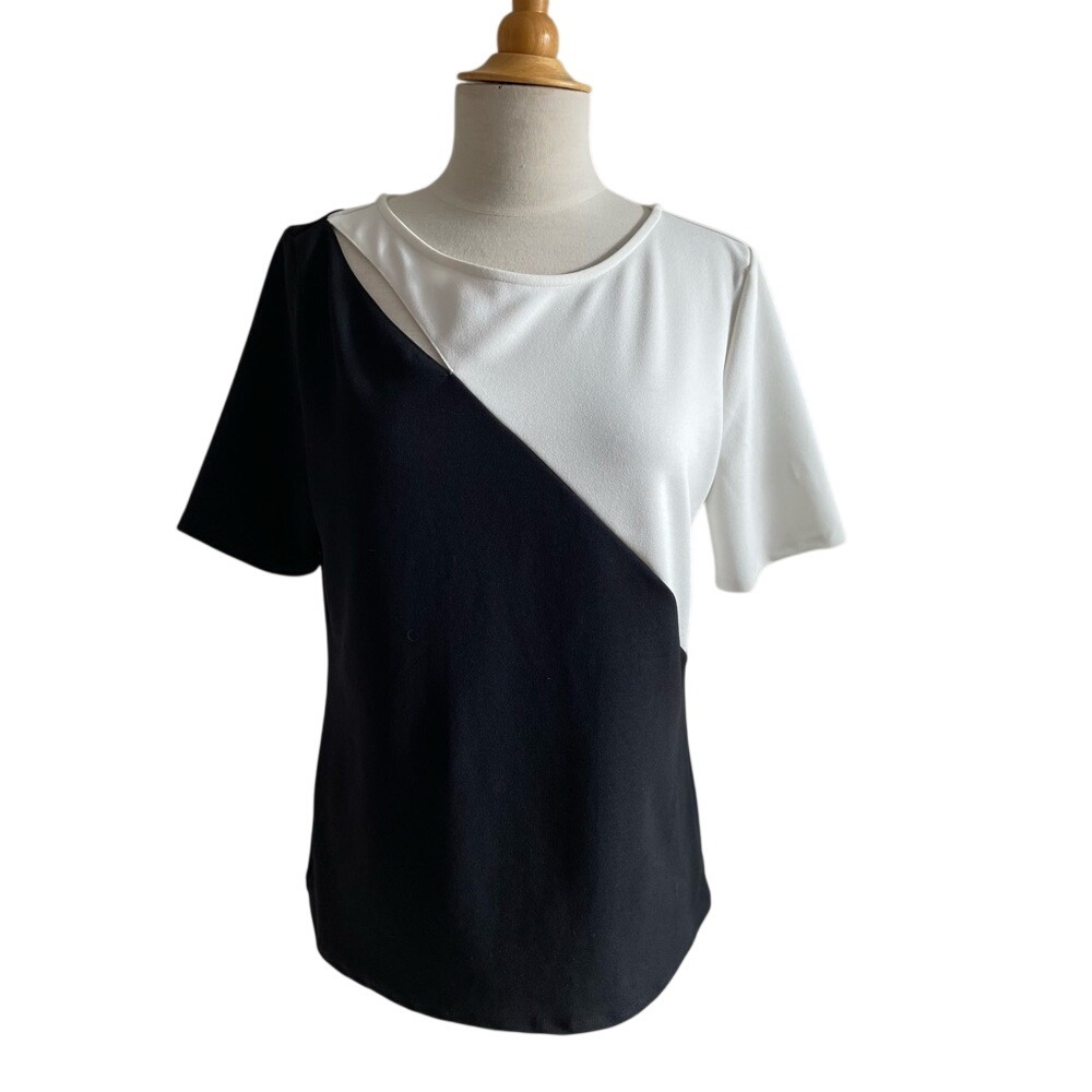 Calvin Klein Womens Colorblock Asymmetrical Cutout Zipper Blouse Top Black‎ L